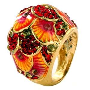  Goldtone Peacock Cocktail Ring with Orange, Yellow, Pink 