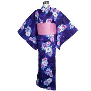  Kimono Yukata Blue with Red, White & Purple Lilies 