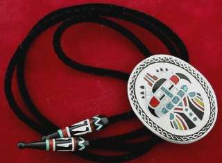 Southwest Silver Colored Turquoise Bola Bolo Tie Cord Handpainted Wood 