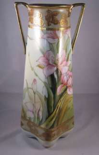 Tall (12) Antique Nippon Vase with Pink Flowers & Fancy Gold M in 
