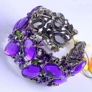 Retro Oval Purple Rhinestone Charm Flower Carving Bronze Alloy Bangle 