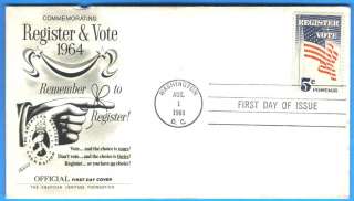 1249, REGISTER & VOTE, QUALITY FLEETWOOD U/A 1ST DAY COVER 1964  