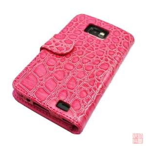 Hot Pink Croco Folio Wallet Leather case Cover For Samsung Galaxy S2 