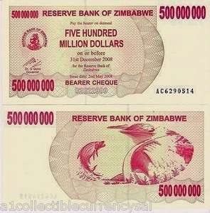 Zimbabwe 500 Million Dollars 2008 Pick 60 UNC  