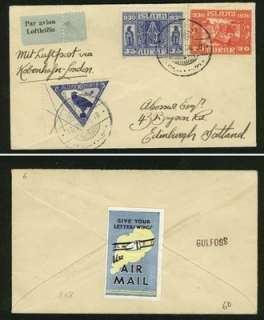 Iceland 1930 airmail to UK, good franking + label  