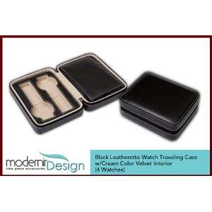  4 Watch Traveling Case Black Leatherette w/Cream Interior 