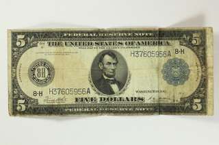 1914 Five Dollar $5 Bill Federal Reserve Note Blue Seal St. Louis F 