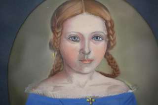 Antique Pastel Portrait of Pretty Young Lady With Braided Hair  