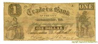 CIVIL WAR RICHMOND VIRGINIA TRADERS BANK ONE DOLLAR SEPT. 1861  
