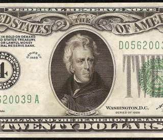 1928 $20 DOLLAR BILL GOLD ON DEMAND NUMERICAL FEDERAL RESERVE NOTE Fr 
