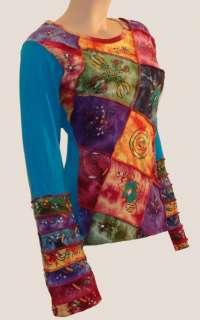Yoga Patchwork Hippie Boho Top Shirt Bell Sleeves Fair Trade Great 