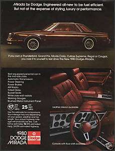 1980 DODGE MIRADA Car Photo Ad w/ Interior & Dash View  