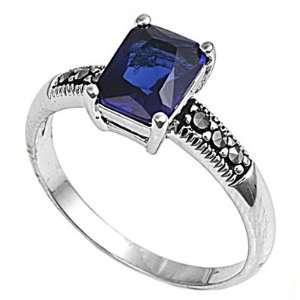  Sterling Silver Marcasite Rings with Blue Sapphire CZ 