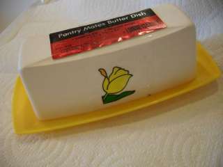 Vtg Yellow & White Plastic Butter Dish tray Holder tulip design New 