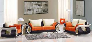 Contemporary Mixed Color Orange Brown Leather and Fabric Sofa Set 