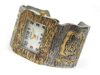 2Tone Silver Gold Art Jewelry Womens Bangle Cuff Bracelet WATCH 