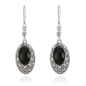    Sterling Silver Marcasite and Oval Onyx Wire Earrings Jewelry