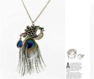 Cute Gorgeous Blue Eyes Peacock Long Feather Necklace x206 great gift
