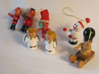 1980 era 6 new Christmas Tree Mini Wood ornaments angel Santa Snowman 