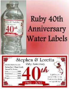 20 RUBY 40th ANNIVERSARY WATER BOTTLE LABELS ~ Glossy ~ Waterproof 