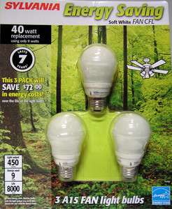   ENERGY EFFICIENT A15 CFL SOFT WHITE FAN LIGHT BULBS REPLACES 40W