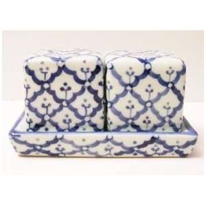 Blue & White Porcelain Cube Salt & Pepper Shakers with 
