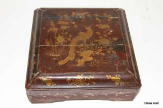 Chinese Lacquer Box with Porcelain Dishes Peacocks  