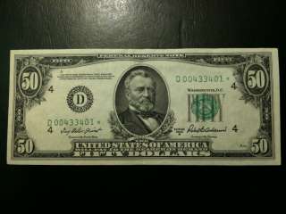 1950 B Fifty Dollar $50 AU STAR Note FRN Grant Cleveland Bank Bill D 