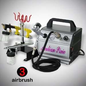  New 3 Airbrush Pro Kit Compressor Dual Action Brush Hose 