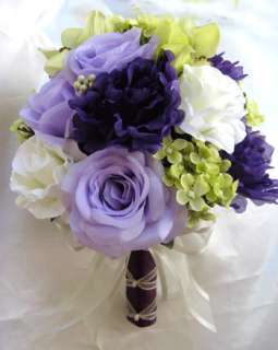 Wedding Bouquet Bridal Silk flowers PURPLE GREEN LAVENDER CREAM 17pc 