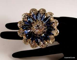 Whoa Vintage Crystal & Sapphire Blue Rhinestone Flower Brooch Pin 