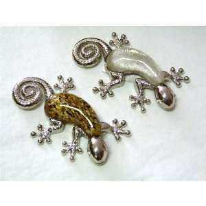  Set of 2 Glass and Metal Gecko Lizard Figures   One Gold 