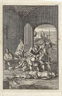 c1700  STOCKS & WATER TORTURE Dutch engraving by Luyken  