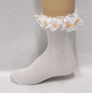 Girls White/Peach Ruffle Pageant Socks Sz 6 8 NEW  