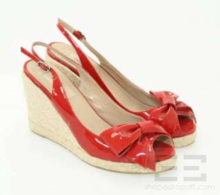   Red Patent Leather Bow Toe Slingback Espadrille Wedges Size 39  