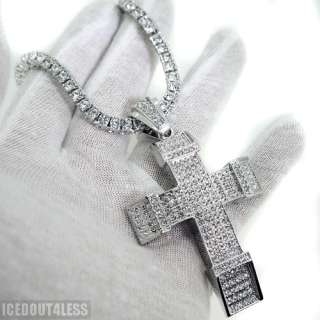 White Gold Finish Heavy Block Style Iced Out Cross Czech Crystals Nice 