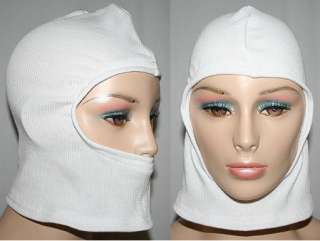 This white stretch hood fits over the head, leaving face exposed.