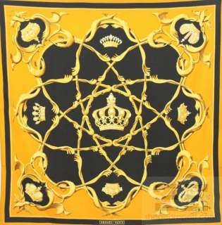 Hermes Vintage Gold & Black Silk Crown Print 90cm Square Scarf  
