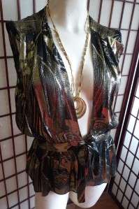 80s Vtg METALLIC Plunging LIQUID GOLD & Black STUDIO 54 PARTY Dress 