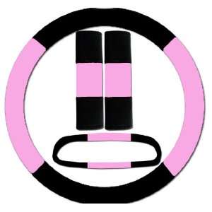 Black and sweet pink steering wheel cover, seat belt covers and rear 