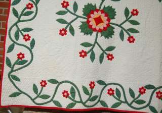 Pre Civil War 1850s Whig Rose Red & Green Applique Antique Quilt 