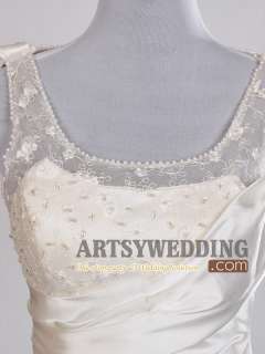 Beaded Lace Ruffled Column Satin Wedding Dress Size 2 4 6 8 10 12 14 