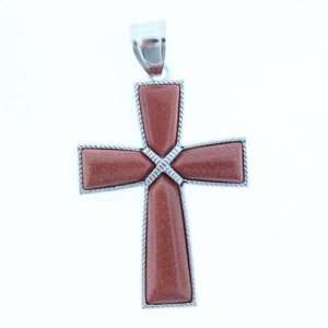    Brown Goldstone Taper Inlay Cross On Silver Plated Base Metal 