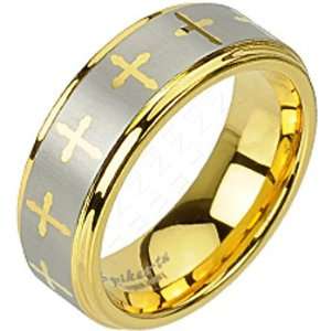 Size 10 Spikes Tungsten Carbide ip Gold Two Tone Traditional Cross 