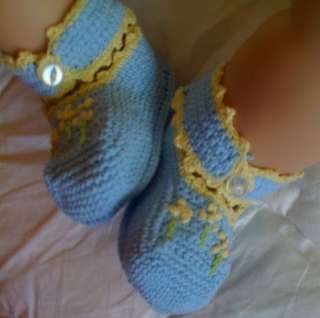 Crochet Baby Boy Booties Reborn Doll Blue w/Yellow Trim  