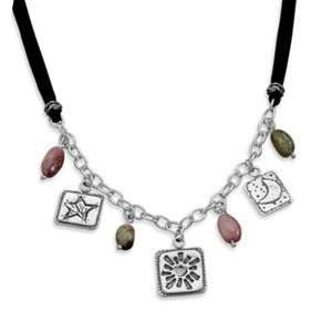 Tourmaline and Ancient Celestial Symbol Charm Necklace Sterling Silver 