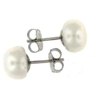 14k White Gold White Cultured Freshwater Button Pearl Stud Earrings. 8 