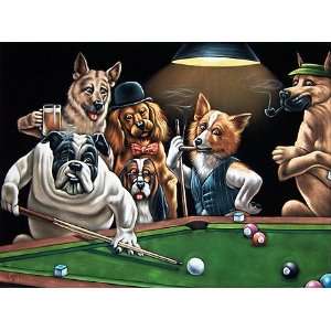  Velvet Painting of Dogs Playing Pool/Billiards 24x18 
