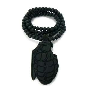  Good Wood Grenade Wood Pendant w/Wooden Ball Chain Black 