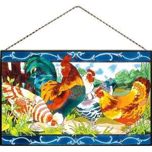  Country French Rooster/Hens Stained Glass Window Art Panel 